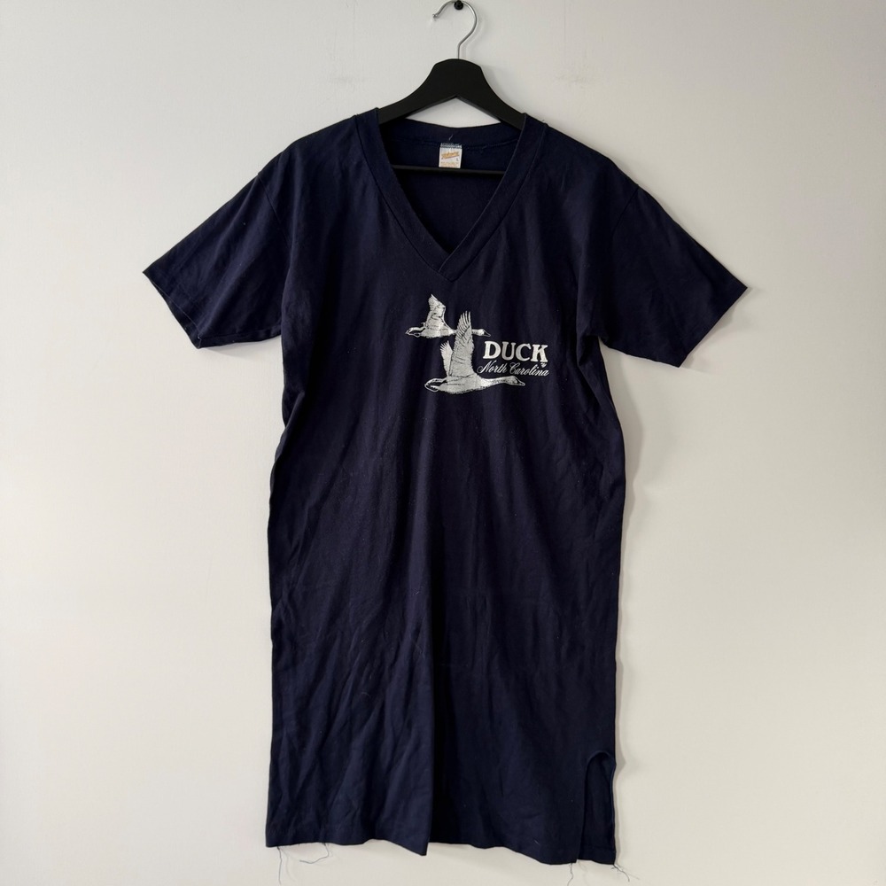 Vintage Sportswear Duck North Carolina V-Neck T-Shirt Dress Navy L USA Made 80s
